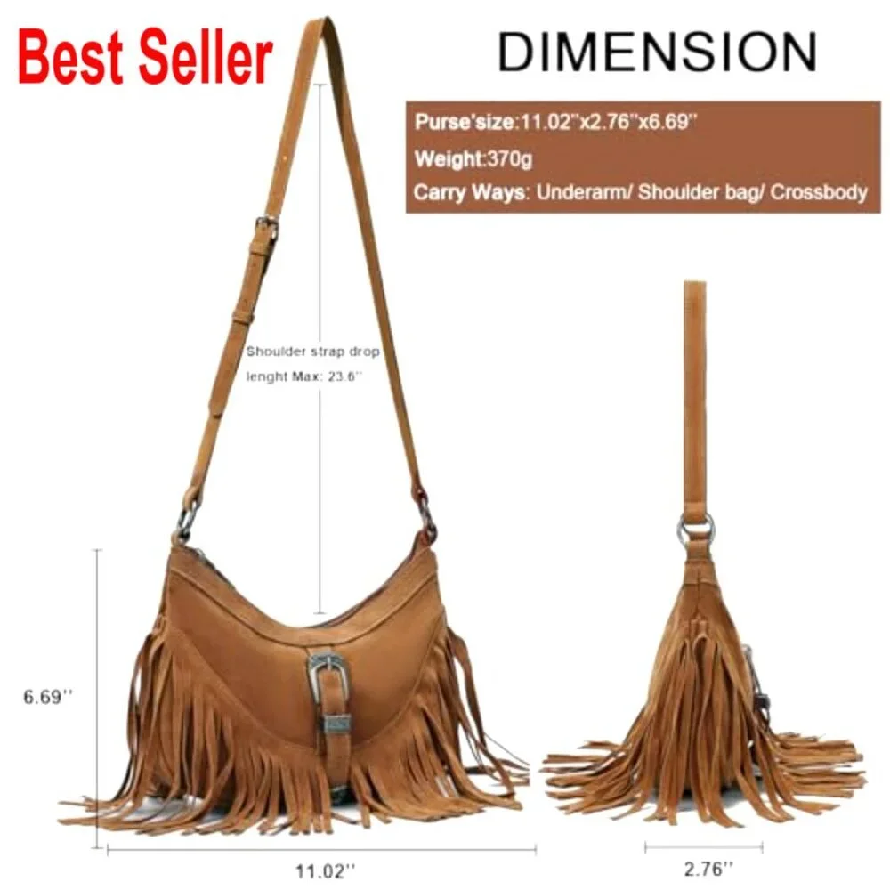 Faux Suede Mini Hobo Crossbody Bag with Fringe & Tassel
